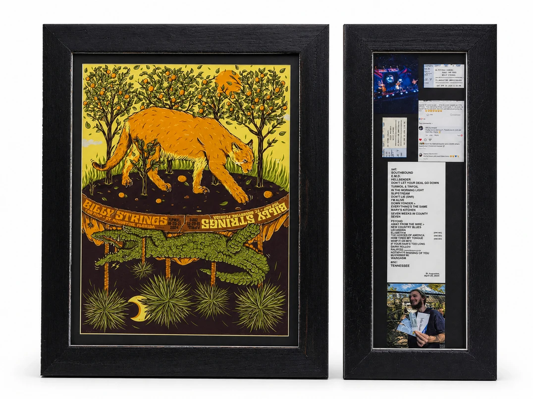Billy Strings St. Augustine 2021 poster in a Shou Sugi Ban charred wood frame