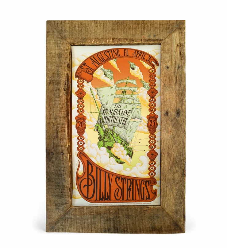 Billy Strings St. Augustine 2025 poster in a reclaimed oak frame
