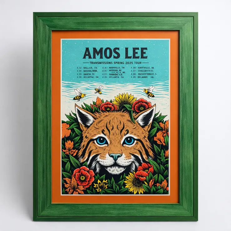 Amos Lee Spring 2025 tour poster in a handmade green wood frame