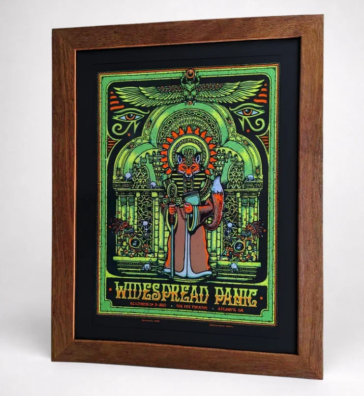 Custom cross-cut mahogany wood frame with black mat