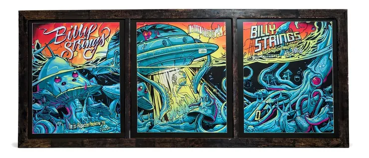 Billy Strings poster in a driftwood frame with polished epoxy finish, full view