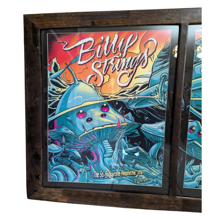 Billy Strings poster in a driftwood frame with polished epoxy finish, detail view